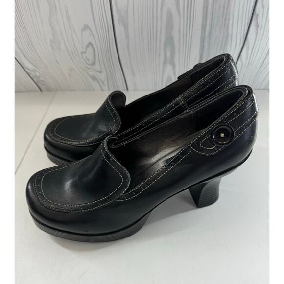 Vtg 90s Y2K lei Size 9 Loafer Heels Shoes Black Platform Leather Chunky - Picture 3 of 11